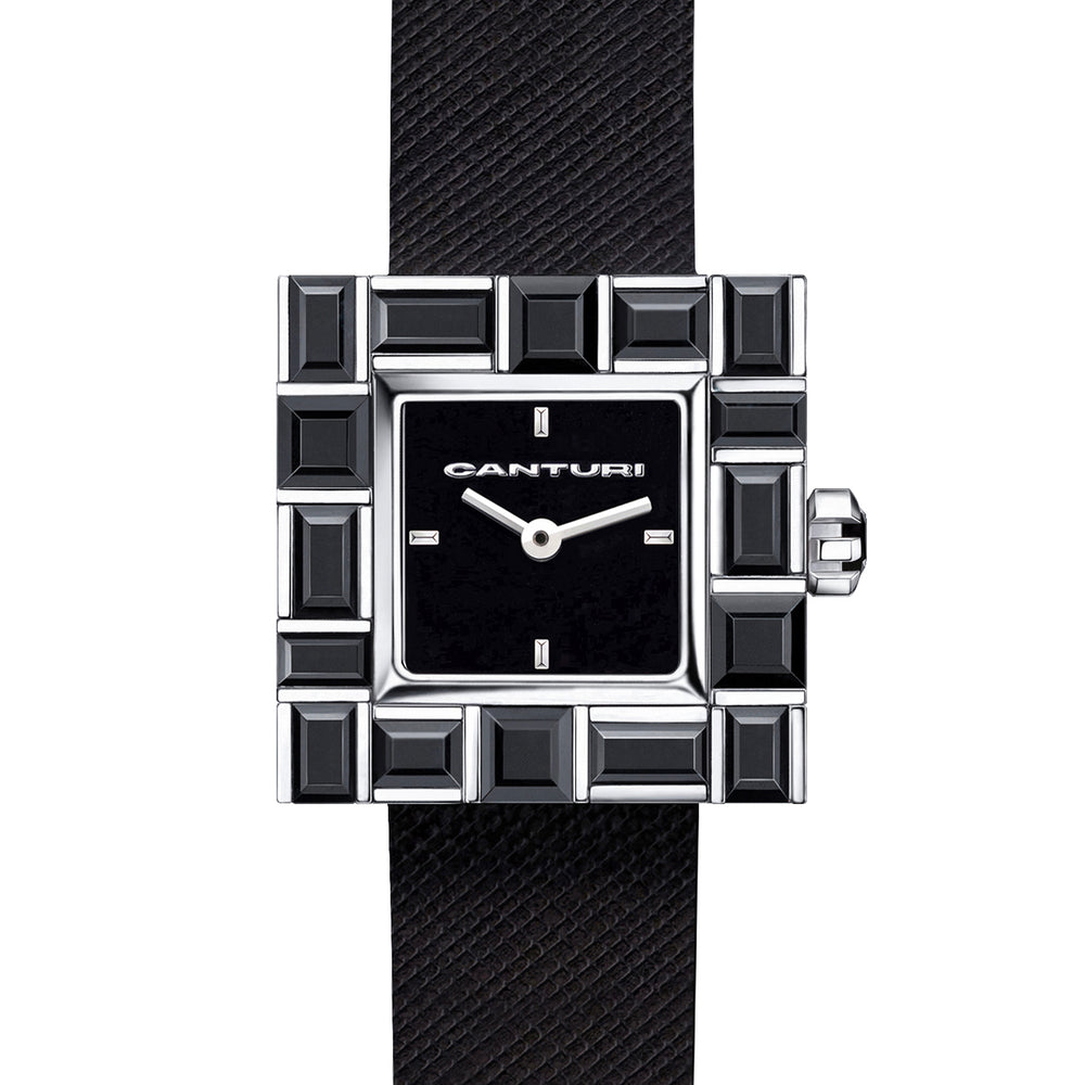 Canturi Australian black sapphire watch with black dial and Italian Leather Strap in white gold Canturi Australian black sapphire watch with black dial and Italian Leather Strap in white gold