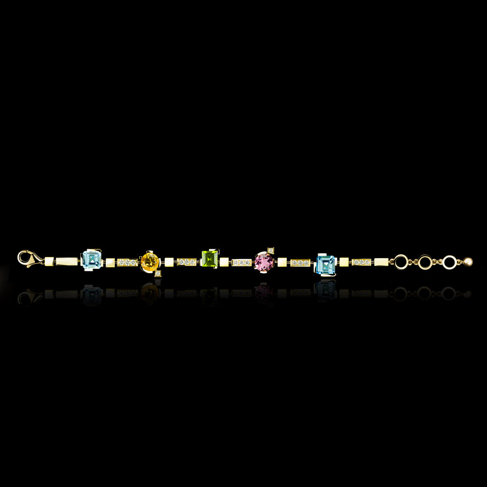 Cubism Colourburst single row diamond and gemstone bracelet in 18ct yellow gold by Stefano Canturi Cubism Colourburst single row diamond and gemstone bracelet in 18ct yellow gold by Stefano Canturi