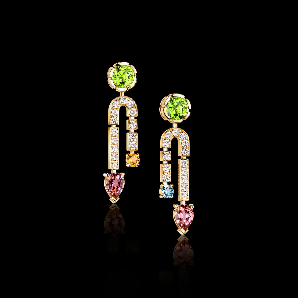 Regina diamond and gemstone Colourburst drop earrings in 18ct yellow gold by Stefano Canturi
 Regina diamond and gemstone Colourburst drop earrings in 18ct yellow gold by Stefano Canturi