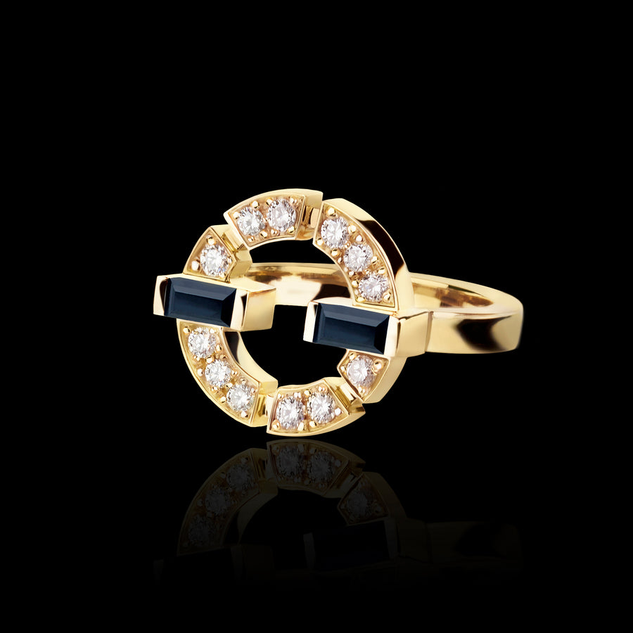 Regina Single Link Ring featuring diamonds and Australian black sapphires in Yellow Gold by Stefano Canturi