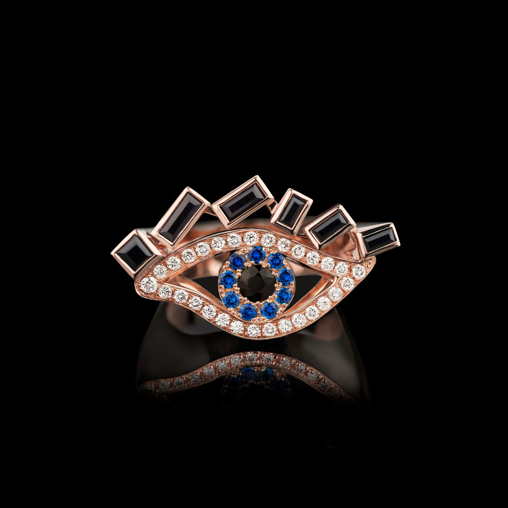 Cubism Eye ring set in 18ct pink gold with Australian black sapphires, diamonds, spinel gemstones by Stefano Canturi. Cubism Eye ring set in 18ct pink gold with Australian black sapphires, diamonds, spinel gemstones by Stefano Canturi.