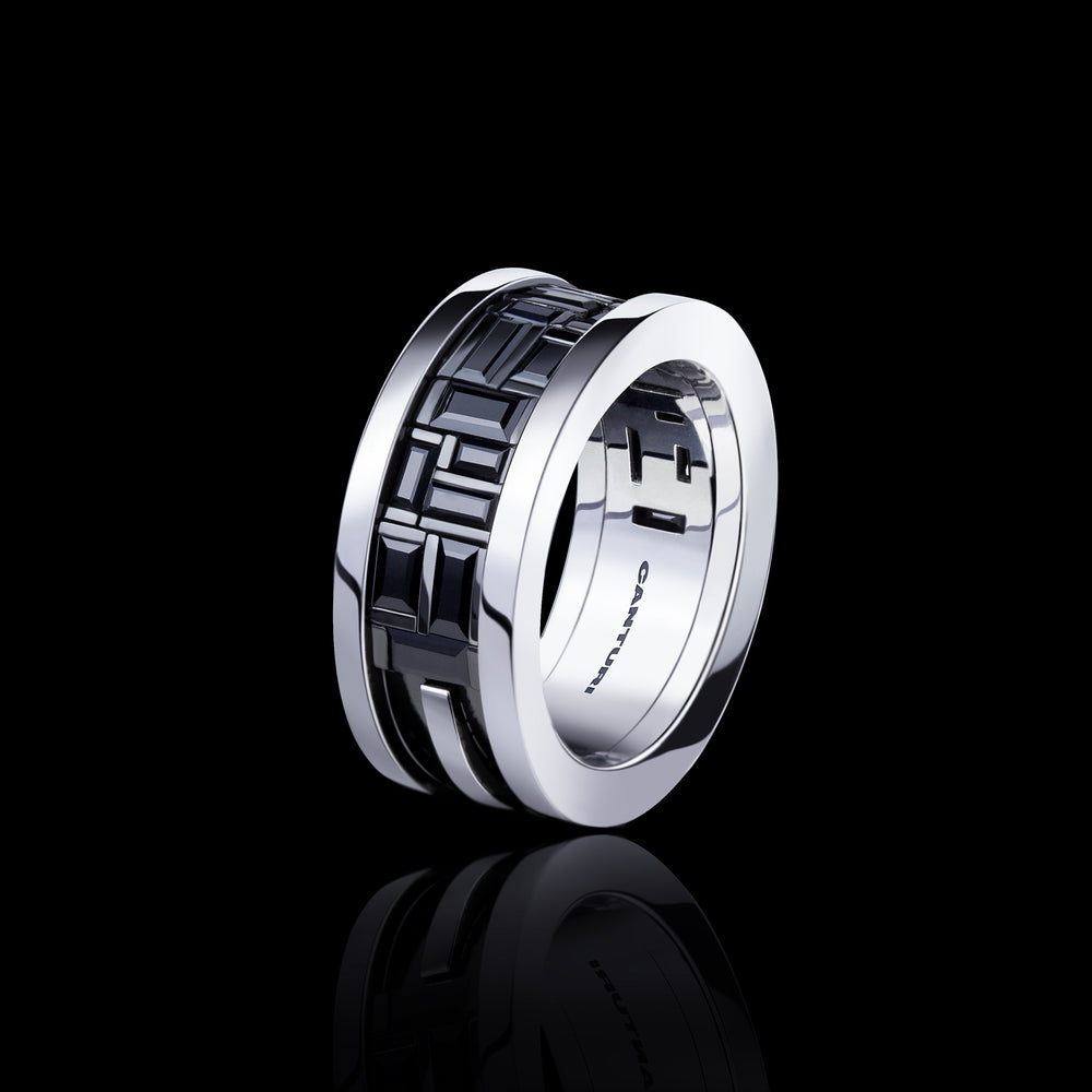Cubism medium 18ct white gold ring with baguette and carre Australian black sapphires by Stefano Canturi Cubism medium 18ct white gold ring with baguette and carre Australian black sapphires by Stefano Canturi