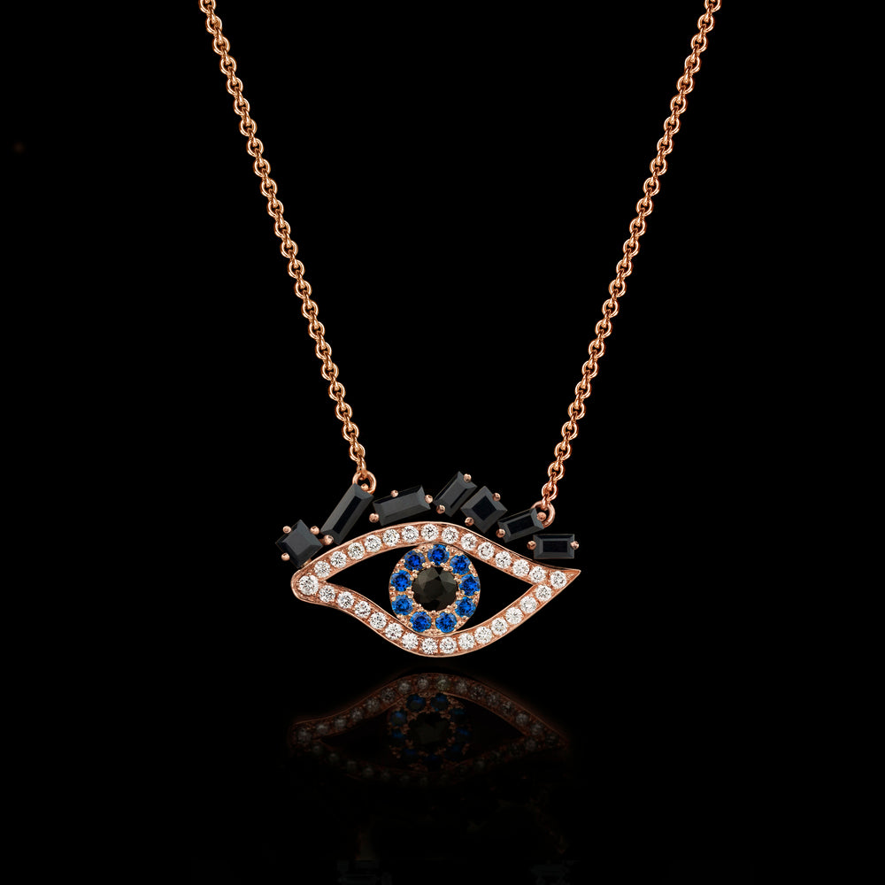 Cubism Eye pendant necklace set in 18ct pink gold with Australian black sapphires, diamonds, spinel gemstones by Stefano Canturi. Cubism Eye pendant necklace set in 18ct pink gold with Australian black sapphires, diamonds, spinel gemstones by Stefano Canturi.