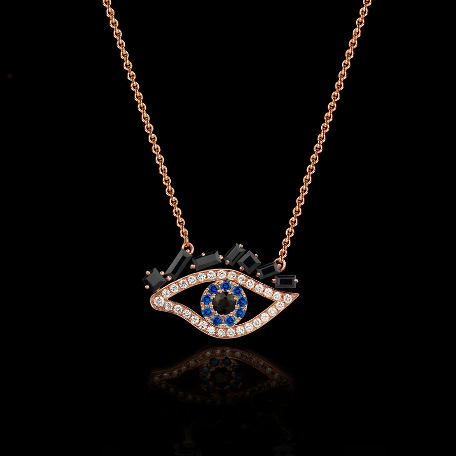 Cubism Eye pendant necklace set in 18ct pink gold with Australian black sapphires, diamonds, spinel gemstones by Stefano Canturi.