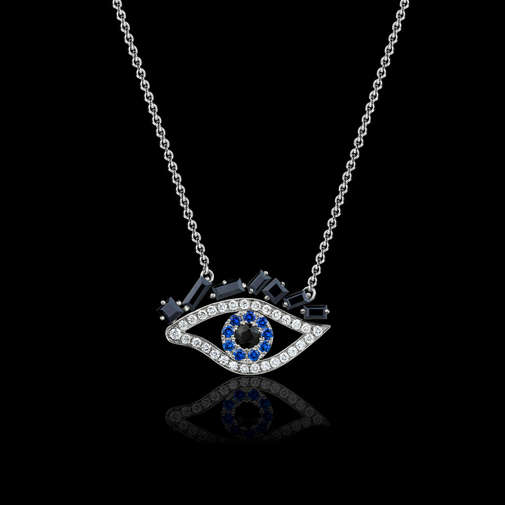 Cubism Eye pendant necklace set in 18ct white gold with Australian black sapphires, diamonds, spinel gemstones by Stefano Canturi. Cubism Eye pendant necklace set in 18ct white gold with Australian black sapphires, diamonds, spinel gemstones by Stefano Canturi.
