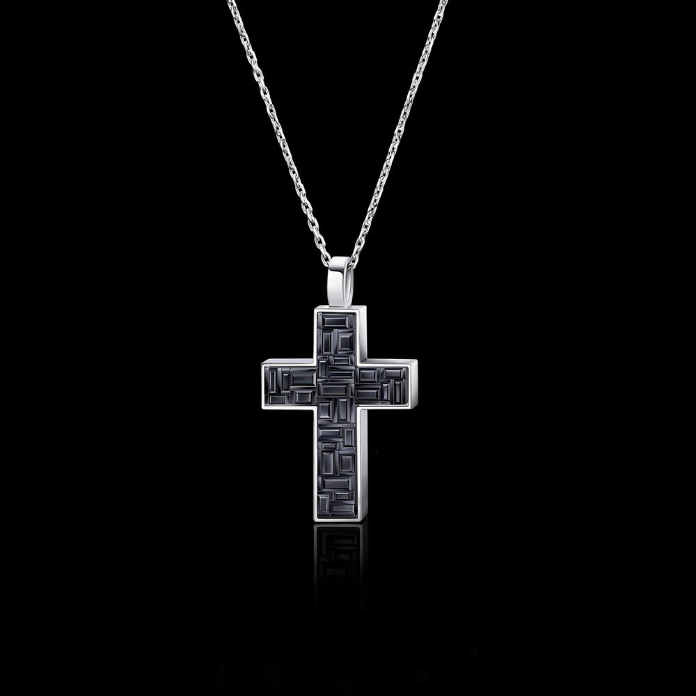 Cubism cross necklace featuring baguette and carré cut Australian black sapphires set in 18ct white gold by Stefano Canturi Cubism cross necklace featuring baguette and carré cut Australian black sapphires set in 18ct white gold by Stefano Canturi