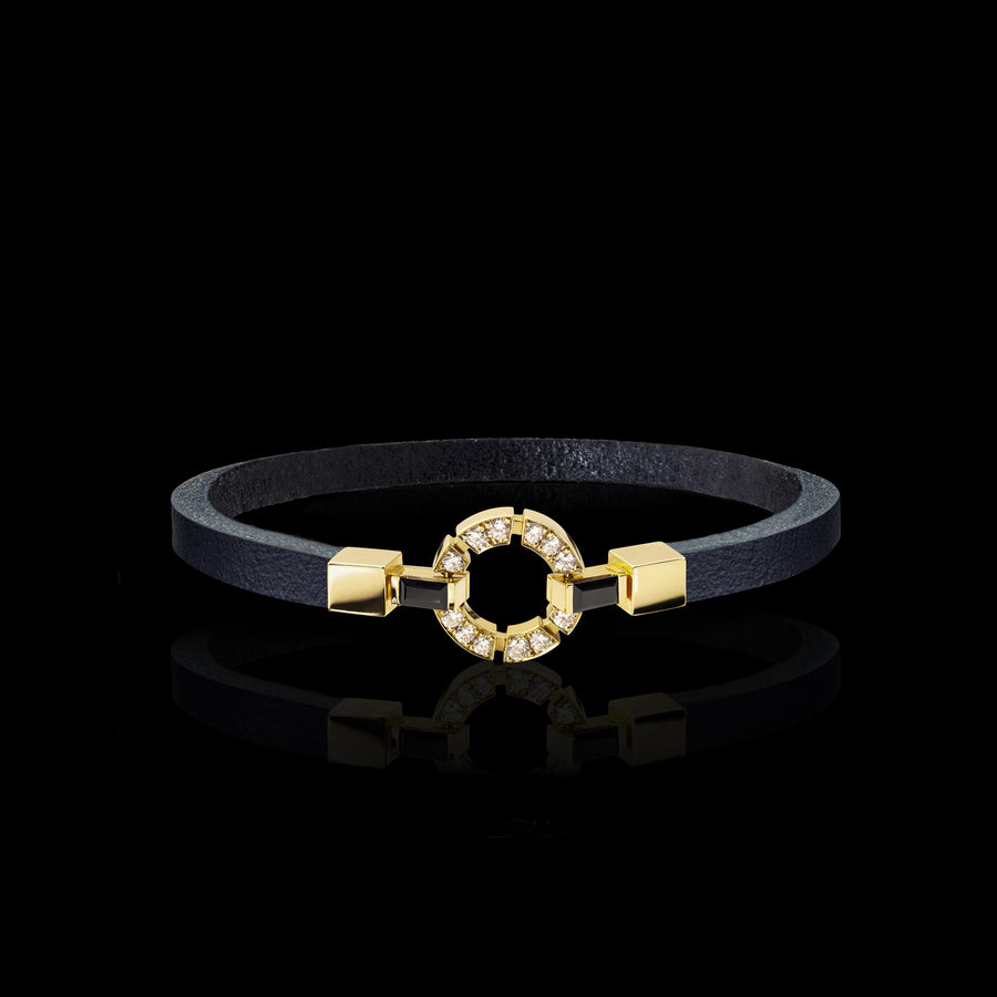 Regina 18ct yellow gold single link diamond and Australian black sapphire leather bracelet by Stefano Canturi