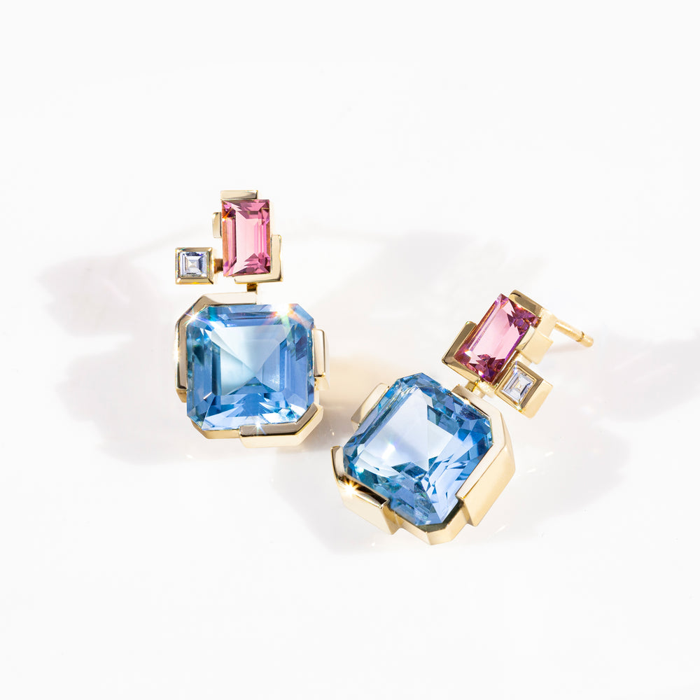 Cubism Colourburst pink tourmaline and blue topaz drop earrings in 18ct yellow gold by Stefano Canturi Cubism Colourburst pink tourmaline and blue topaz drop earrings in 18ct yellow gold by Stefano Canturi