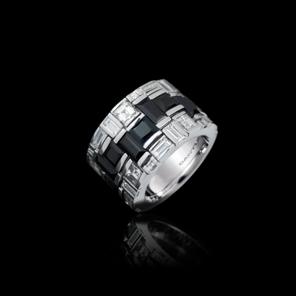 Cubism Radiant 3 row diamond and Australian black sapphire ring in 18ct white gold by Stefano Canturi Cubism Radiant 3 row diamond and Australian black sapphire ring in 18ct white gold by Stefano Canturi