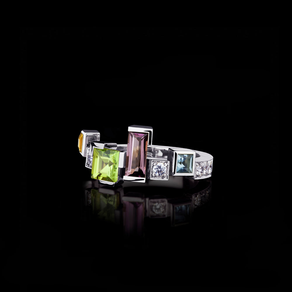 Cubism Colourburst single row gemstone ring in white gold by Stefano Canturi Cubism Colourburst single row gemstone ring in white gold by Stefano Canturi