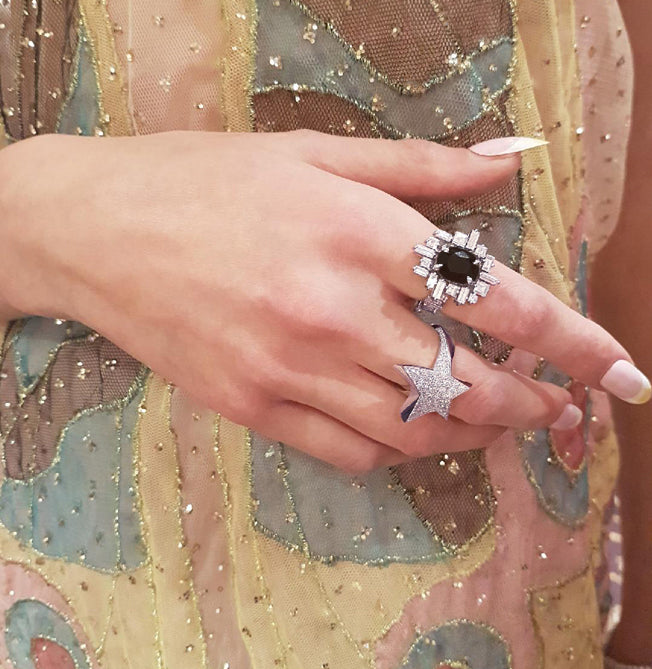 Stella diamond and Australian black sapphire ring and Odyssey diamond Star ring in 18ct white gold by Stefano Canturi Stella diamond and Australian black sapphire ring and Odyssey diamond Star ring in 18ct white gold by Stefano Canturi