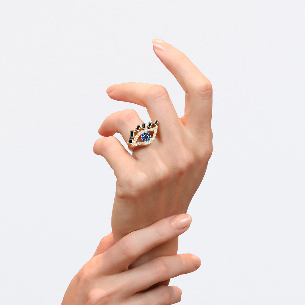 Cubism Eye ring set in 18ct yellow gold with Australian black sapphires, diamonds, spinel gemstones by Stefano Canturi. Cubism Eye ring set in 18ct yellow gold with Australian black sapphires, diamonds, spinel gemstones by Stefano Canturi.