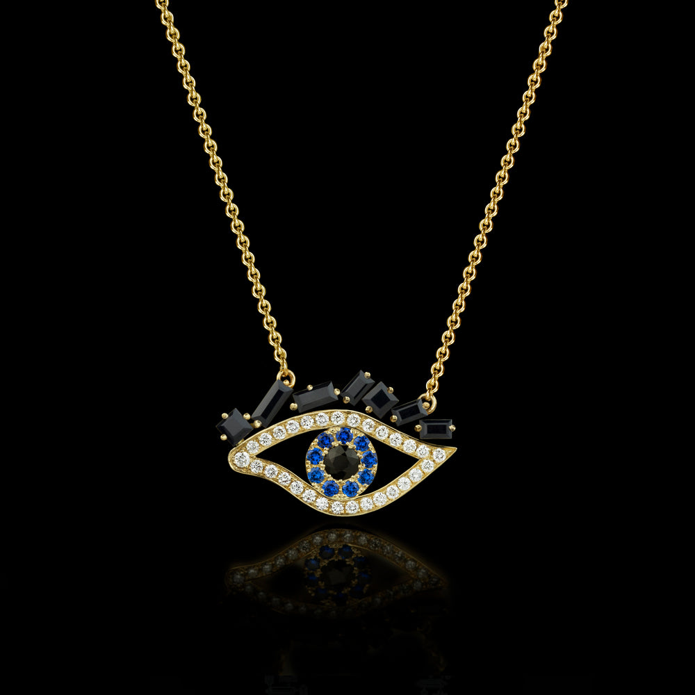Cubism Eye pendant necklace set in 18ct yellow gold with Australian black sapphires, diamonds, spinel gemstones by Stefano Canturi. Cubism Eye pendant necklace set in 18ct yellow gold with Australian black sapphires, diamonds, spinel gemstones by Stefano Canturi.