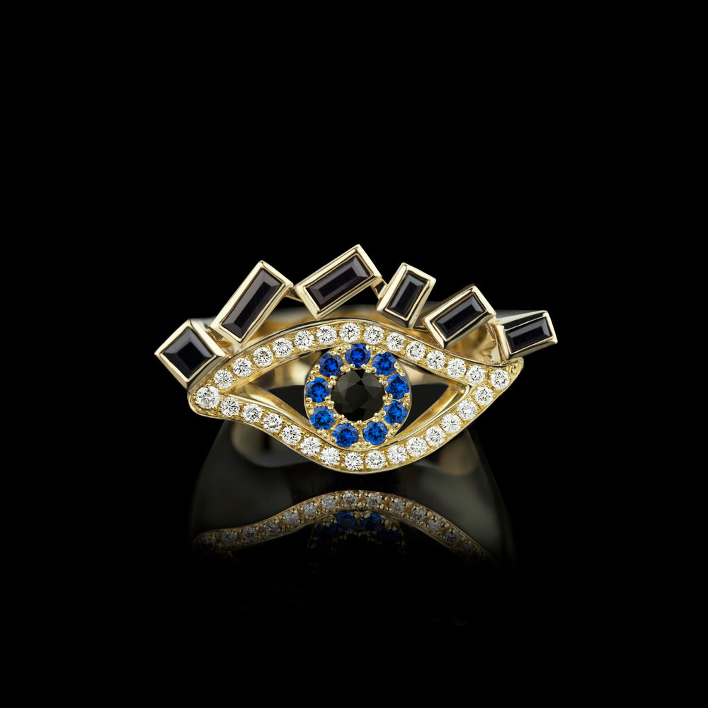 Cubism Eye ring set in 18ct yellow gold with Australian black sapphires, diamonds, spinel gemstones by Stefano Canturi. Cubism Eye ring set in 18ct yellow gold with Australian black sapphires, diamonds, spinel gemstones by Stefano Canturi.
