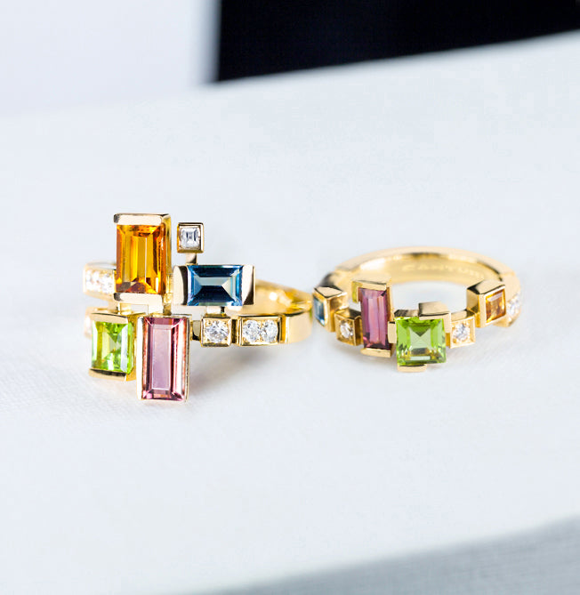 Cubism Colourburst gemstone rings in 18ct yellow gold by Stefano Canturi
