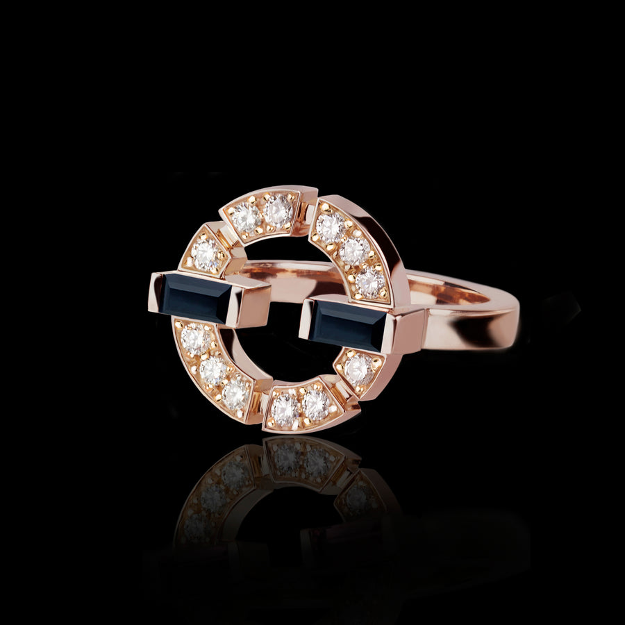 Regina Single Link Ring featuring diamonds and Australian black sapphires in Pink Gold by Stefano Canturi