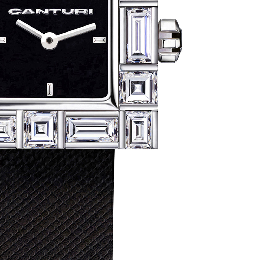 Cubism Watch by Canturi – A bold, geometric timepiece featuring a sculptural design with baguette and carré diamonds, embodying modern luxury and precision