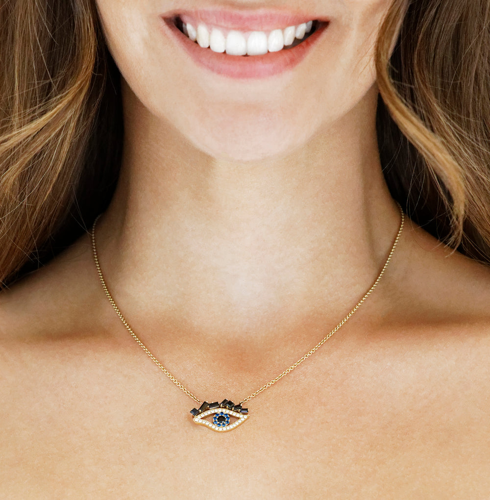 Cubism Eye Necklace by Stefano Canturi – A striking necklace featuring the symbolic eye design, adorned with diamonds, Australian black sapphires, and spinel gemstones, embodying ancient wisdom and modern elegance.