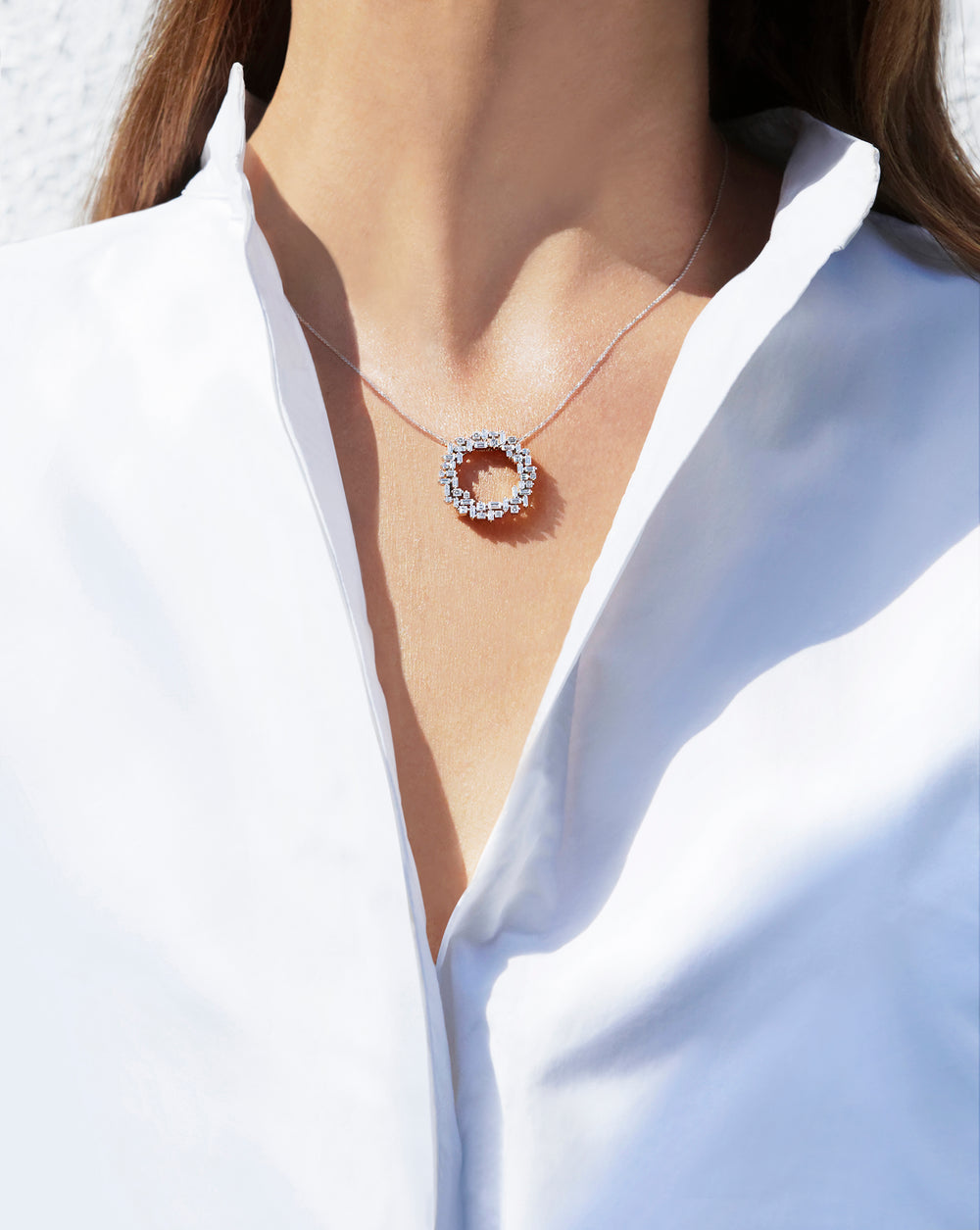Cubism Circular Diamond Necklace by Stefano Canturi – A sculptural masterpiece featuring a geometric arrangement of baguette and carré diamonds.