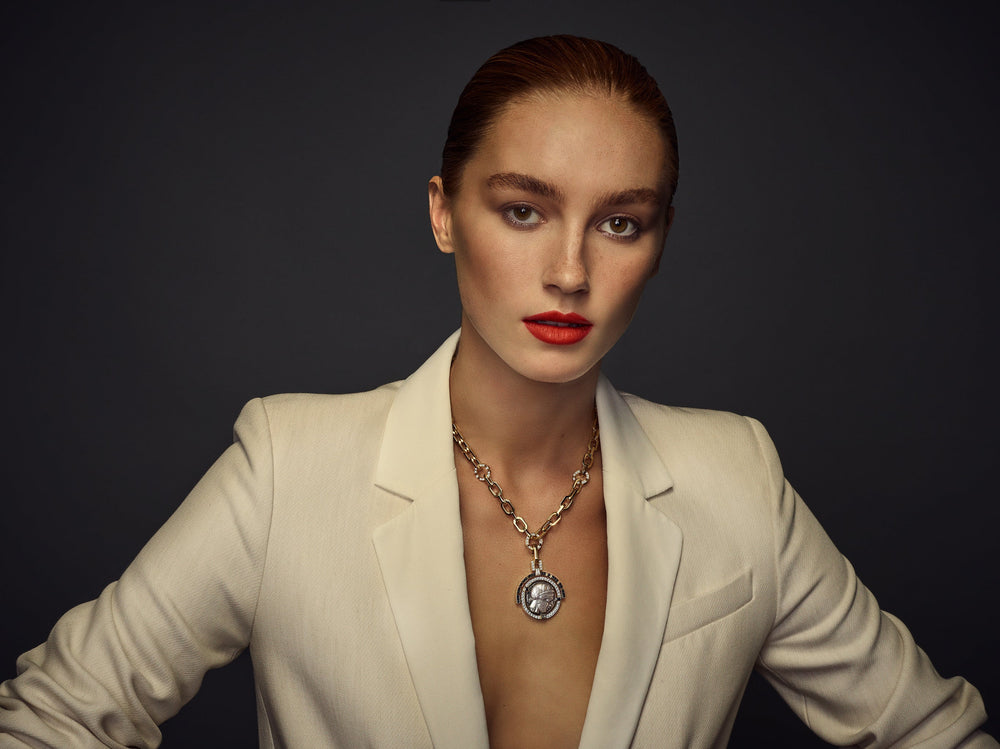 Athena Ancient Coin Neckpiece by Canturi – Set with Diamonds and Australian black sapphires