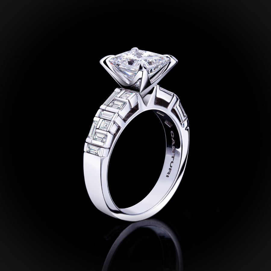 Cubism baguette and carré cut diamond ring featuring Princess cut diamond in 18ct white gold by Stefano Canturi