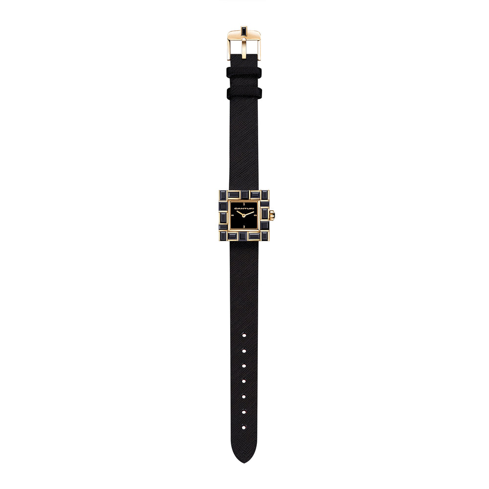 Canturi Australian black sapphire watch with black dial and Italian Leather Strap in yellow gold full view