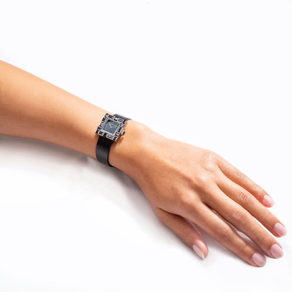 Canturi Australian black sapphire watch with black dial and Italian Leather Strap in white gold modelled
