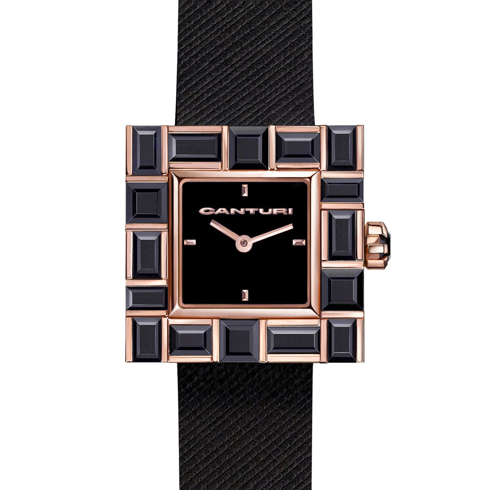 Canturi Australian black sapphire watch with black dial and Italian Leather Strap in rose gold