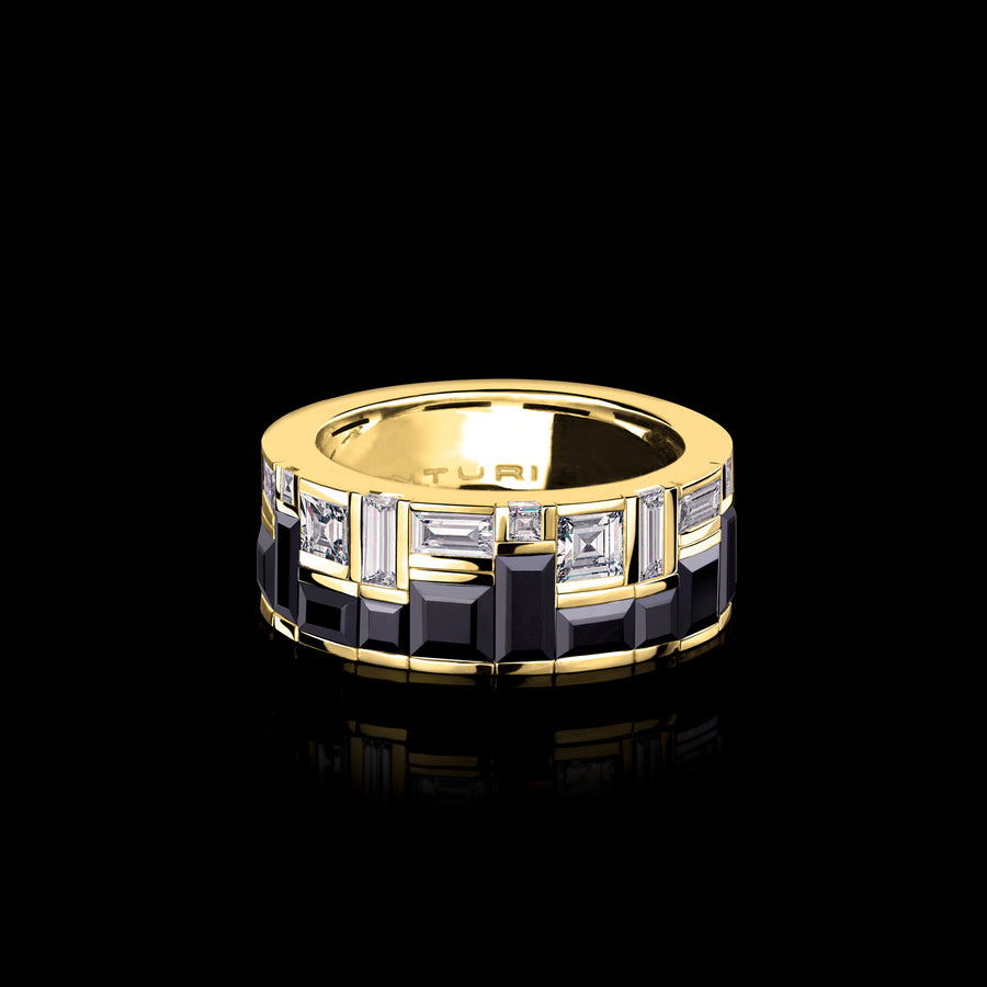 Cubism Radiant Diamond and Australian Black Sapphire Ring set in 18ct Yellow Gold by Stefano Canturi