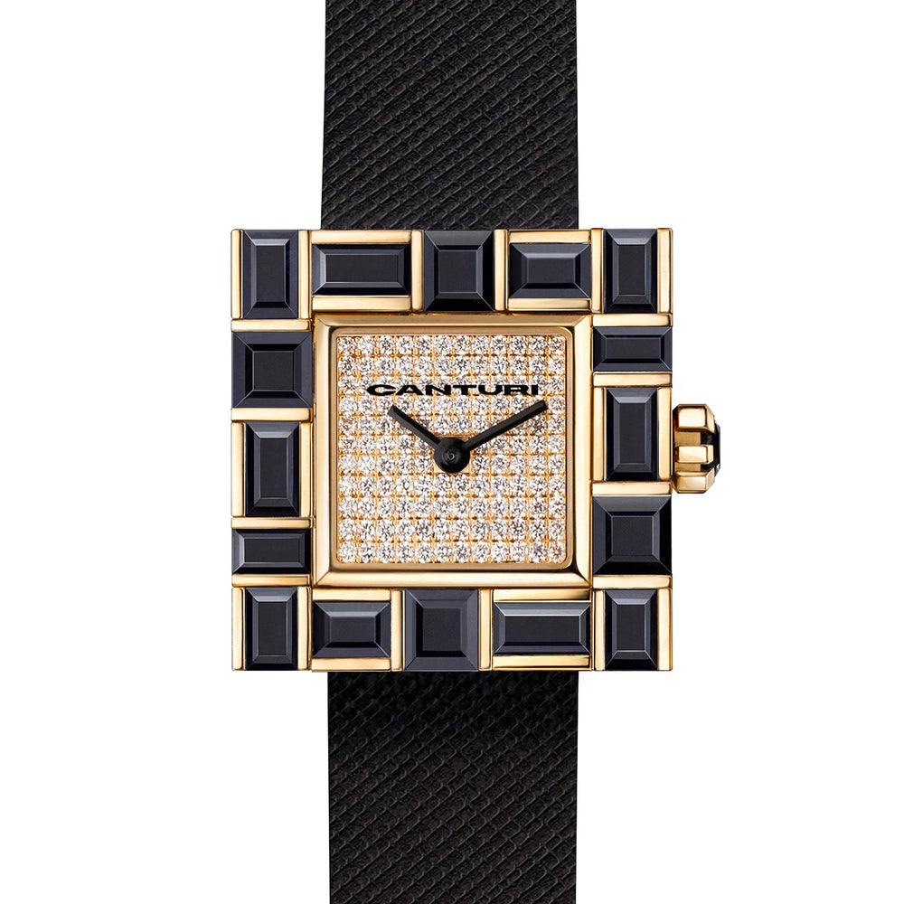 Canturi Cubism Watch with Australian black sapphire Bezel and Diamond Dial with Italian Leather Strap in yellow gold