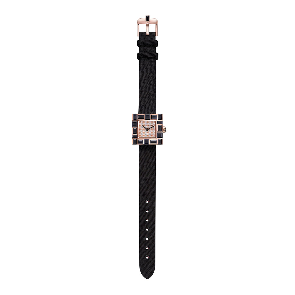 Canturi Cubism Watch with Australian black sapphire Bezel and Diamond Dial with Italian Leather Strap in rose gold