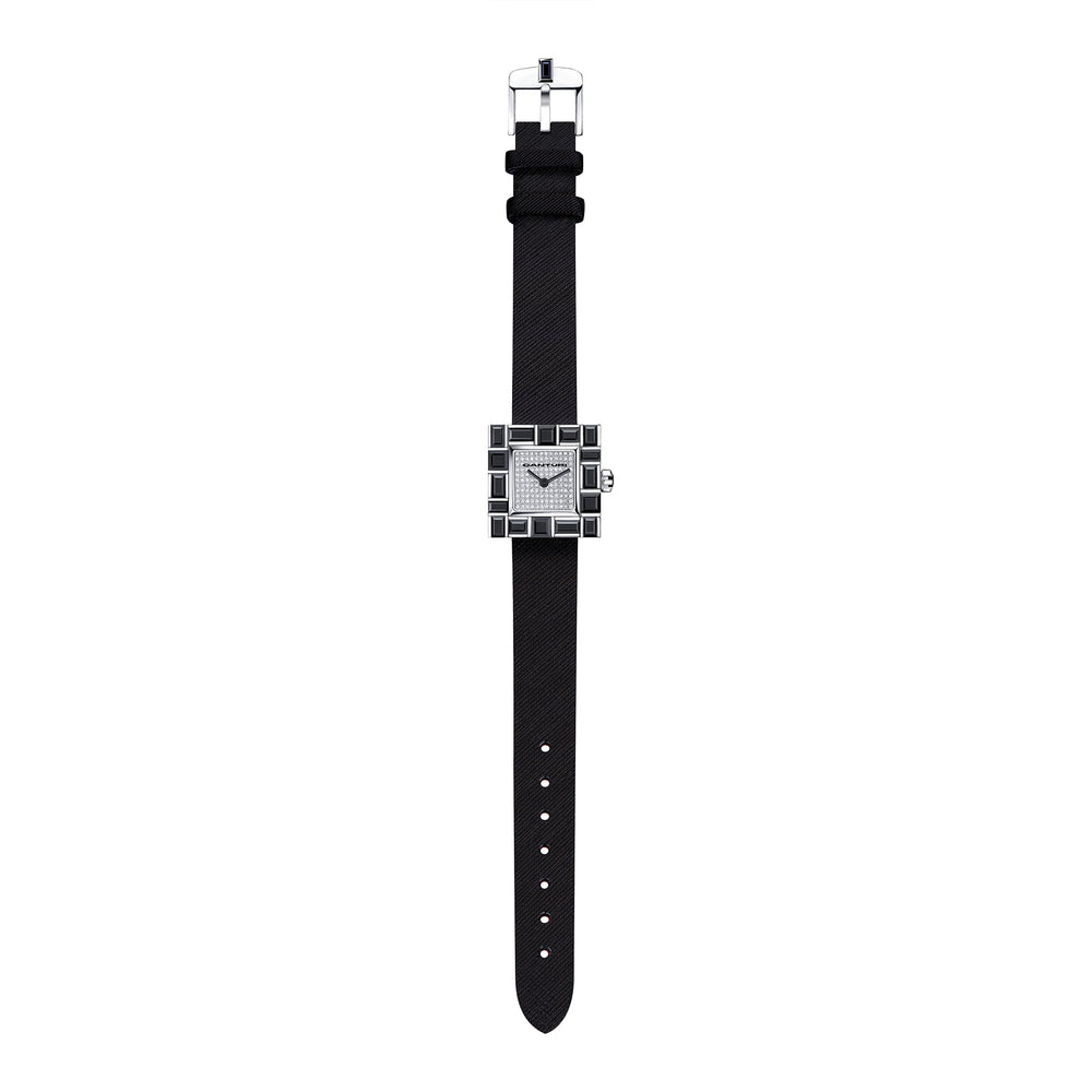 Canturi Cubism Watch with Australian black sapphire Bezel and Diamond Dial with Italian Leather Strap in white gold