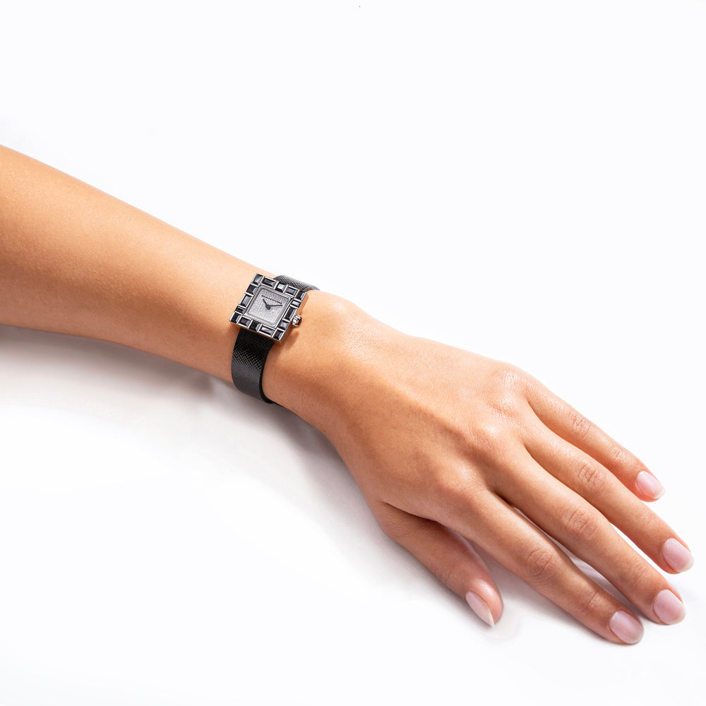 Canturi Cubism Watch with Australian black sapphire Bezel and Diamond Dial with Italian Leather Strap in white gold