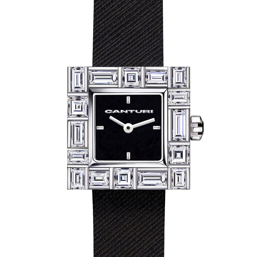 Canturi Cubism Watch with Diamond Bezel and Italian Leather Strap in white gold