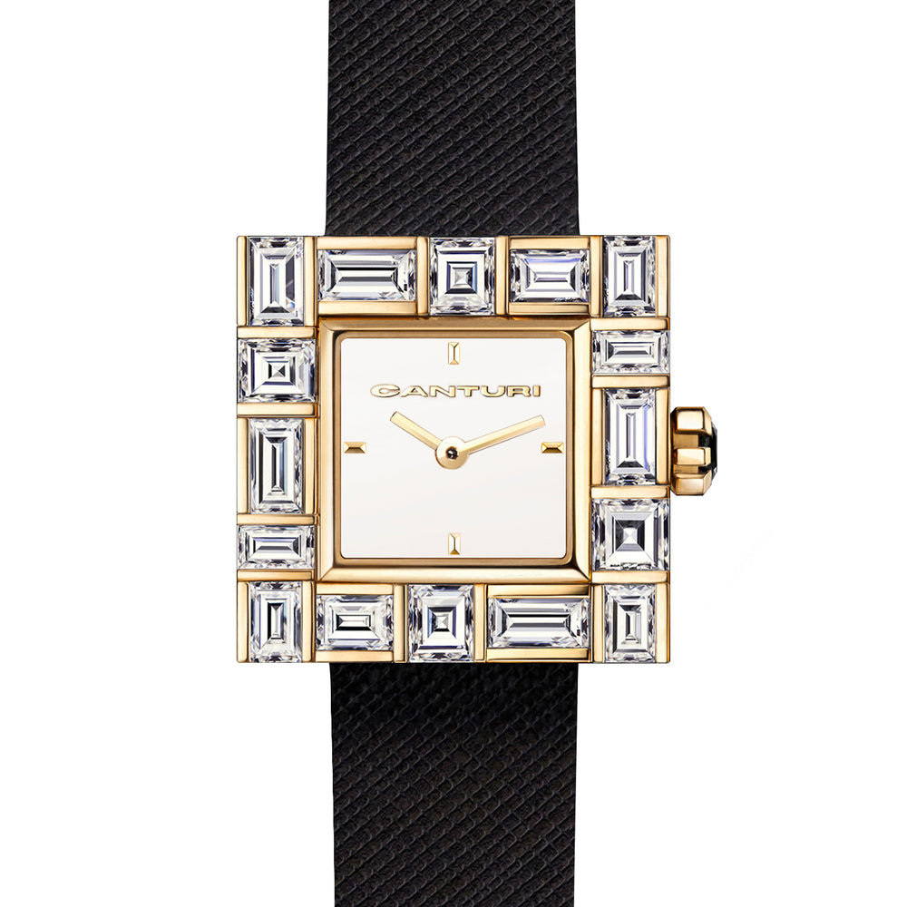 Canturi Cubism Watch with Diamond Bezel and Italian Leather Strap in yellow gold
