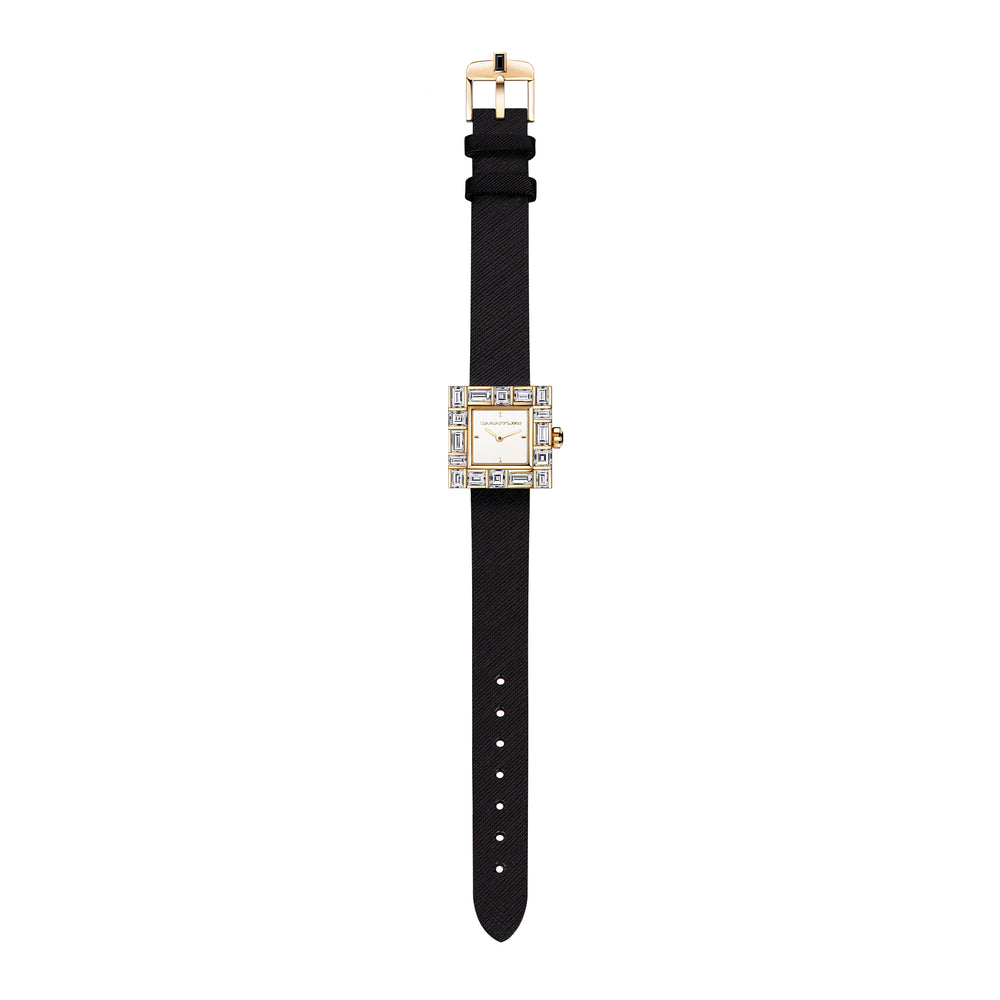 Canturi Cubism Watch with Diamond Bezel and Italian Leather Strap in yellow gold