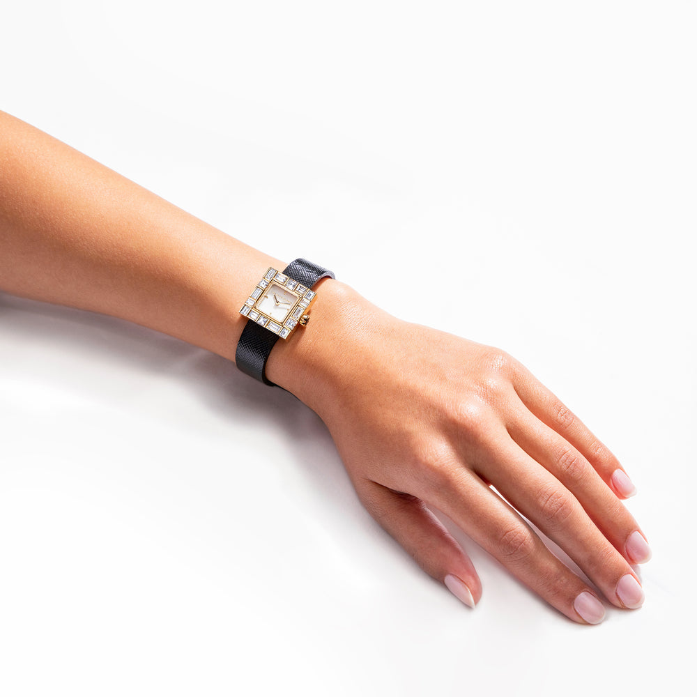 Canturi Cubism Watch with Diamond Bezel and Italian Leather Strap in yellow gold