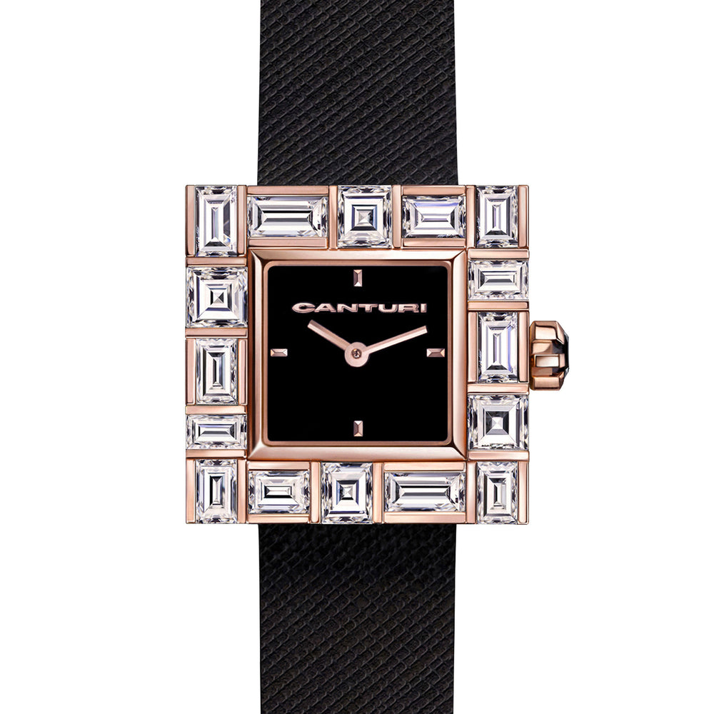 Canturi Cubism Watch with Diamond Bezel and Italian Leather Strap in rose gold
