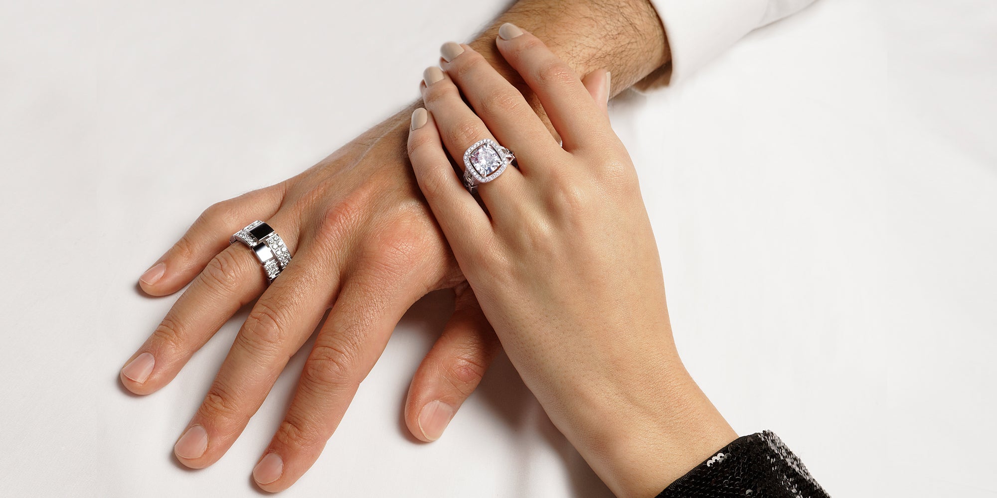 Metropolis cushion cut diamond engagement ring in 18ct white gold and Cubism Mens diamond wedding band in 18ct white gold by Stefano Canturi