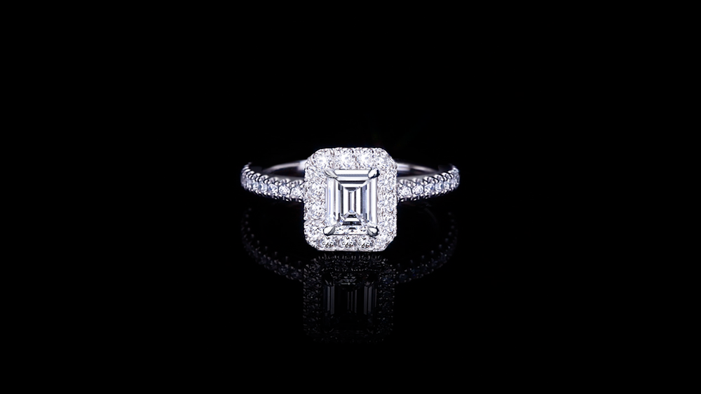 Renaissance 1.00ct Emerald Diamond Engagement Ring in a single halo setting in 18ct white gold by Stefano Canturi