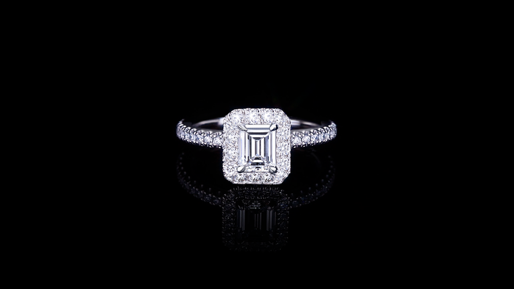 Renaissance 1.00ct Emerald Diamond Engagement Ring in a single halo setting in 18ct white gold by Stefano Canturi