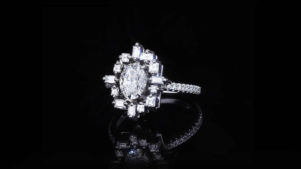 Stella 1.01ct Oval diamond engagement ring with baguette and carré diamonds by Stefano Canturi
