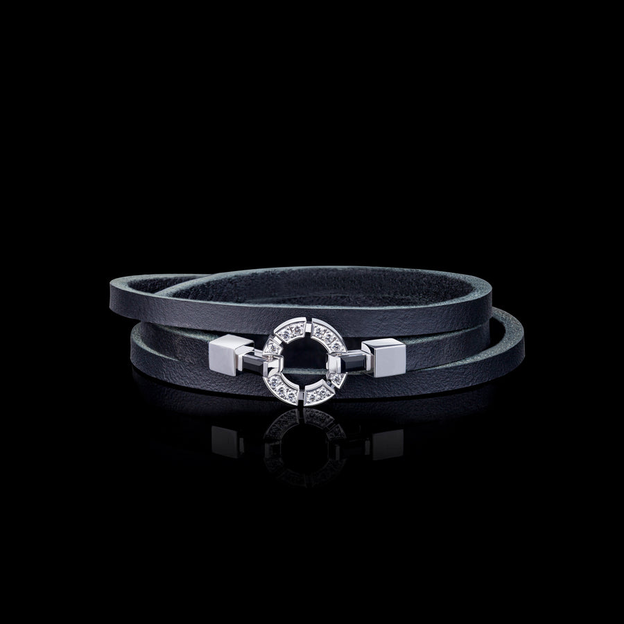 Regina 18ct white gold single link diamond and Australian black sapphire leather bracelet by Stefano Canturi