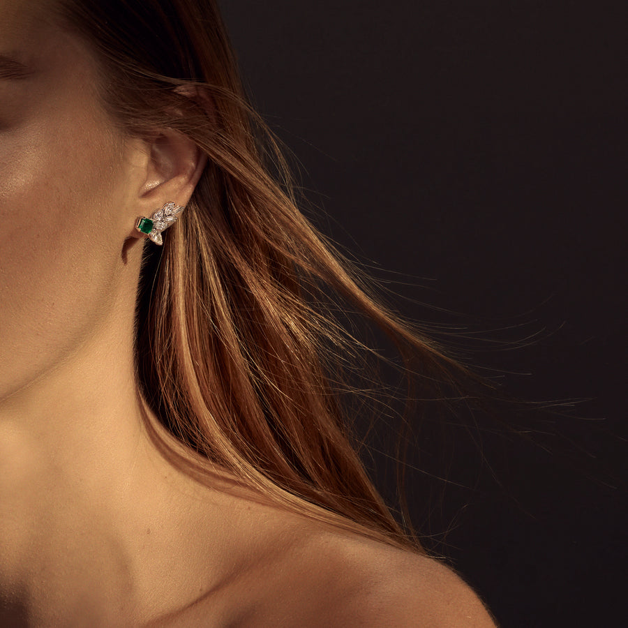 Primavera diamond and Zambian green emerald earrings in 18ct white gold by Stefano Canturi