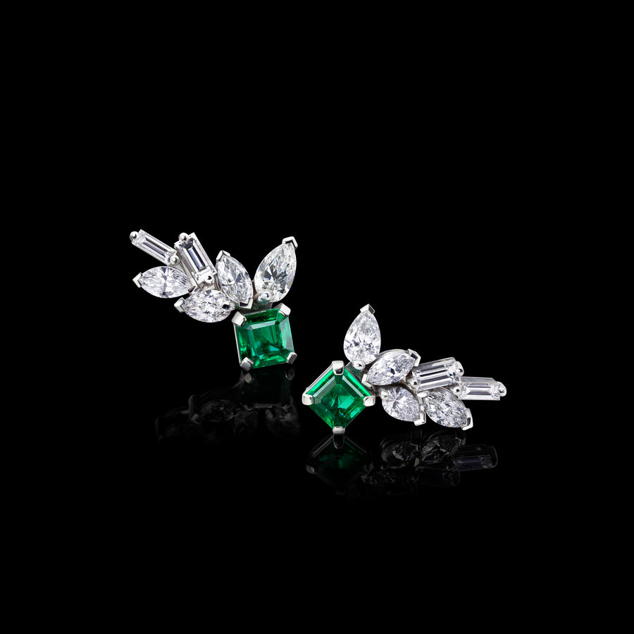 Primavera diamond and Zambian green emerald earrings in 18ct white gold by Stefano Canturi