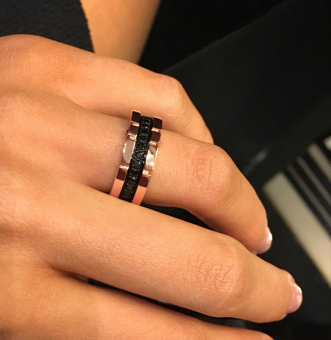 Regina single row black diamond ring in 18ct pink gold by Stefano Canturi