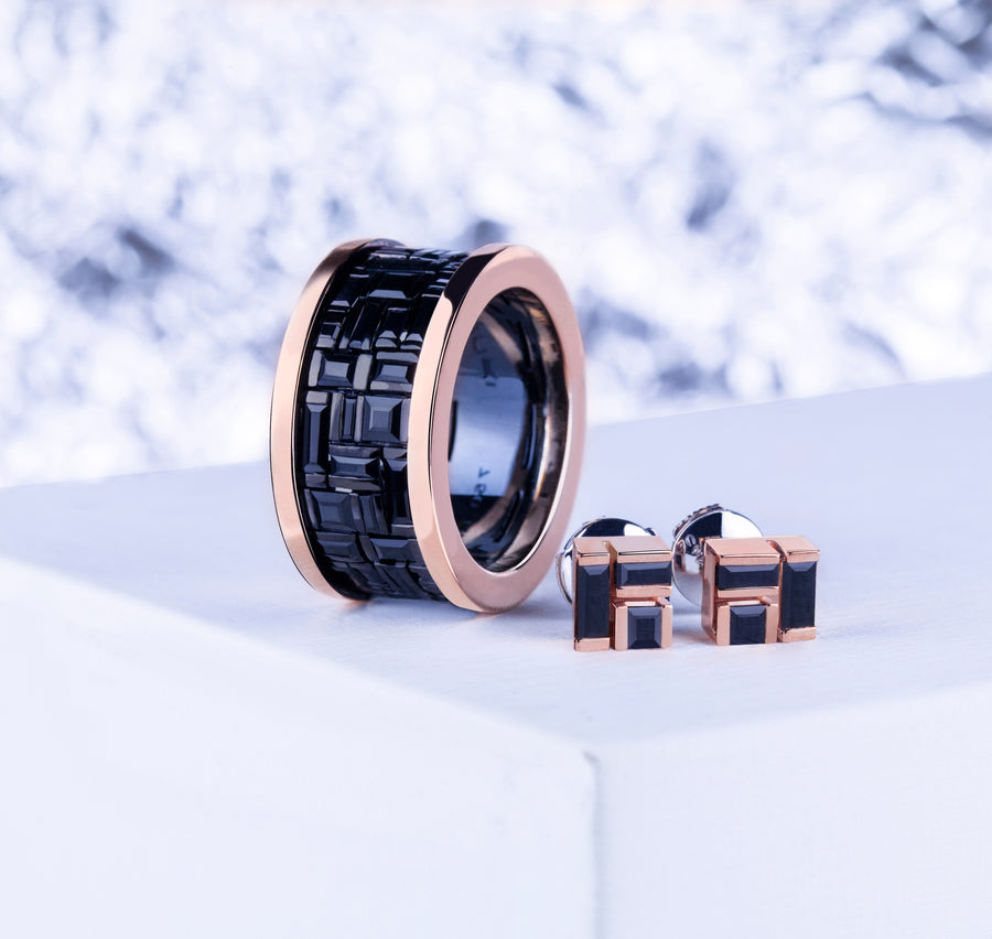 Cubism wide Australian black sapphire ring and earrings in 18ct pink gold by Stefano Canturi