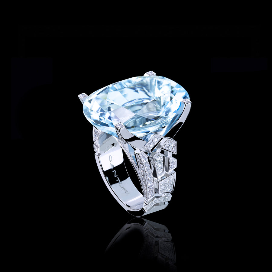 Cubism Abstract diamond and aquamarine ring in 18ct white gold by Stefano Canturi