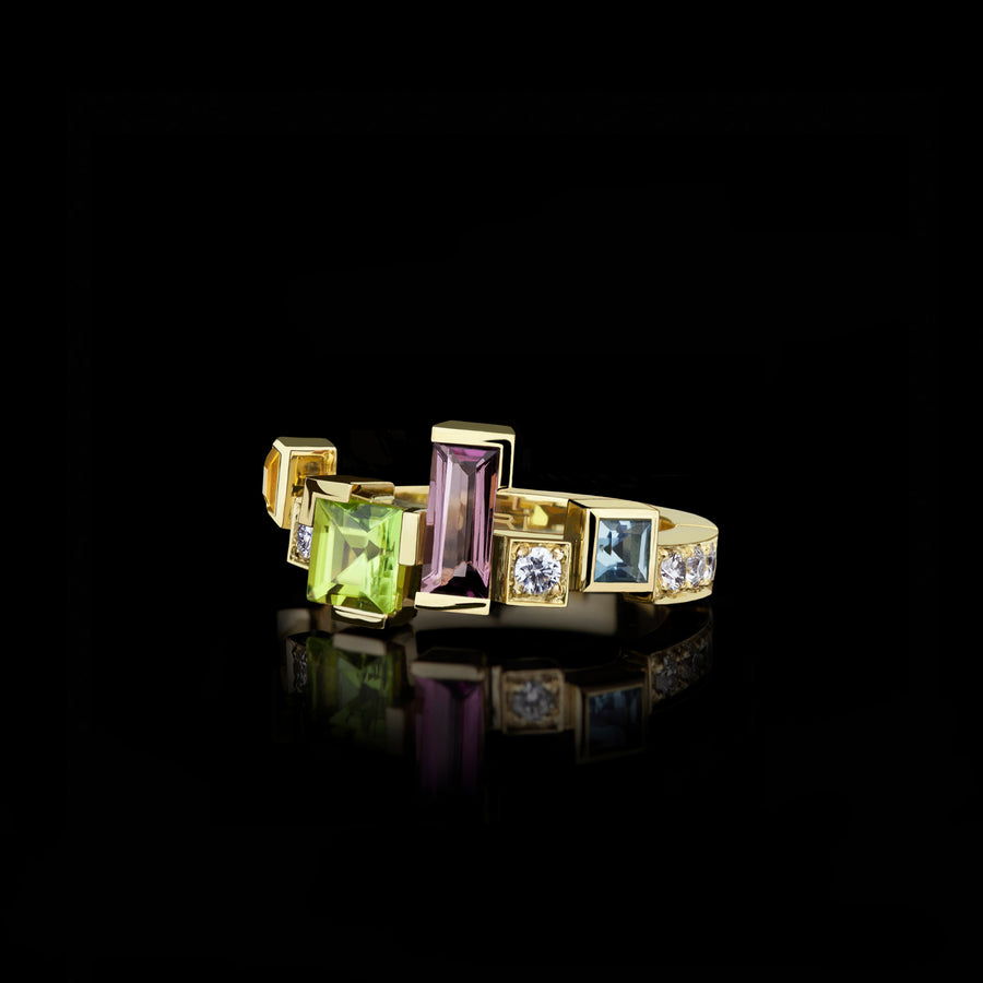 Cubism Colourburst single row gemstone ring in yellow gold by Stefano Canturi