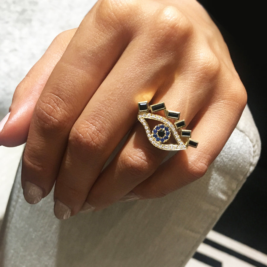 Cubism Eye ring set in 18ct yellow gold with Australian black sapphires, diamonds, spinel gemstones by Stefano Canturi.